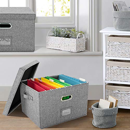 JSungo 2 Pack File Organizer Box Office Document Storage with Lid, Collapsible Linen Hanging Filing Organization, Home Portable Storage with Handle, Letter Size Legal Folder, Grey - Thumbnail 2