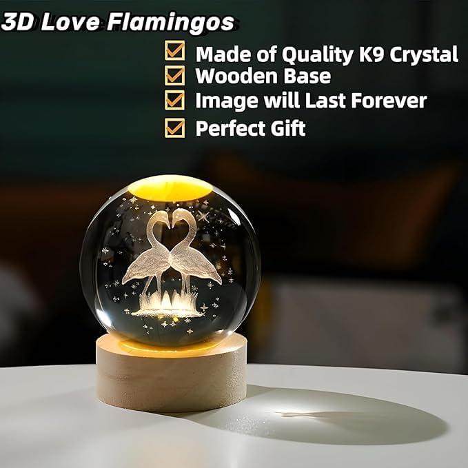 Image of 3D Galaxy Crystal Ball Night Lamp, Solar System Flamingo Night Light, USB Table Colorful Led Wooden Crystal Ball for Home, Office, Birthday Gift (Flamingo led)
