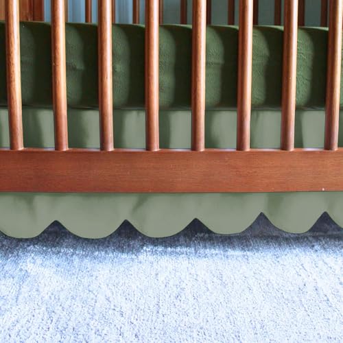 Image of 100% Microfiber Scalloped Crib Skirt 28"x 52" with 14" Inch Drop Lenght with 4 Split Corners for Baby Boys Girls Soft Nursery Toddler Bed Skirt - Sage Solid