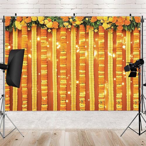Image of 7x5FT Indian Pooja Backdrop, Yellow Flowers Curtain Traditional Chatiya Navratri Ganpati Ganesh Marigold Photography Background, Festival Wedding Party Decoration
