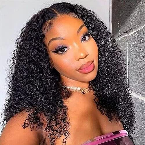 LOVFIR Curly Human Hair Wigs for Women Lace Front 4x4 Transparent Pre Plucked Middle Part frontal 150% Density Natural Black Color 16 inch