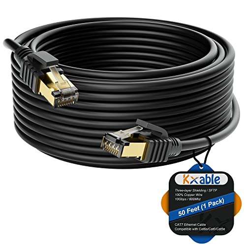 Cat 7 Ethernet Cable 50 Feet Long High Speed Internet Cord CAT7 RJ45 LAN Network Cable Triple Shielding SFTP 10Gbps 600Mhz Patch Cable Compatible with CAT6A CAT6 CAT5E CAT5 Cable