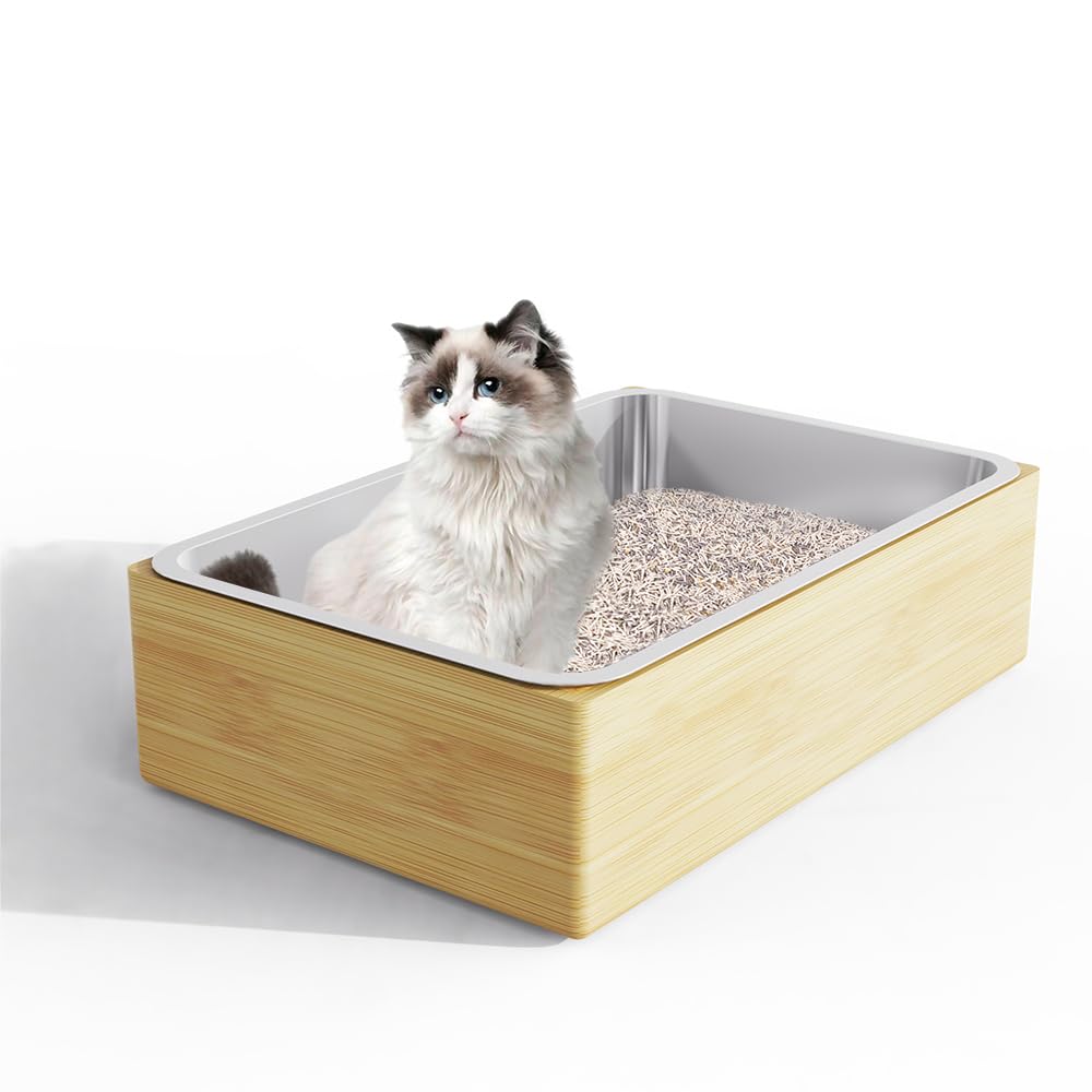 Cute Aesthetic Litter Box, Extra Large Stainless Steel Cat Litter Box, Large Kitty Litter Box with Bamboo Shell, Non-Sticky, Anti-Leakage&Odorless, XL Cat Box for Small to Large Sized Cats 24"x16"x 6"