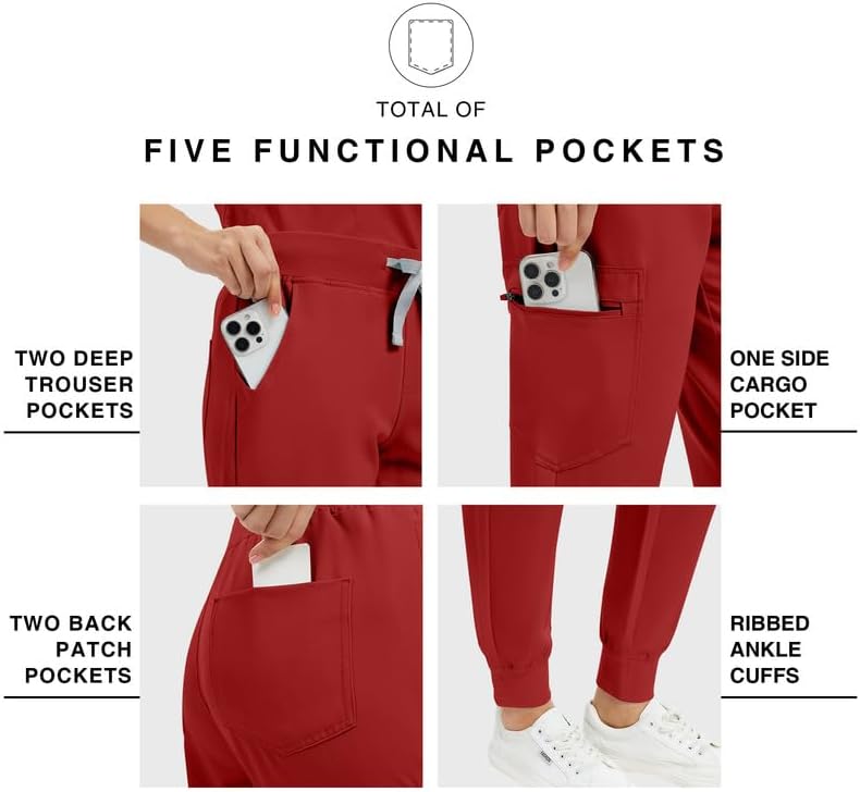 Kitmaz Scrub Pants for Women - Mid Rise 4-Way Stretch Anti-Wrinkle Slim Fit Jogger Pants, Drawstring & 5 Pockets Red