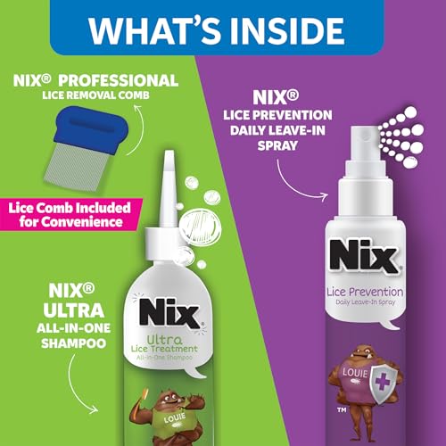 Image of Nix Ultra All-in-One Treatment & Prevention Kit, 4 Fl Oz Shampoo, Comb and 6 Fl Oz Daily Leave-In Spray - Gentle Pesticide-Free Head Lice Remover Kit
