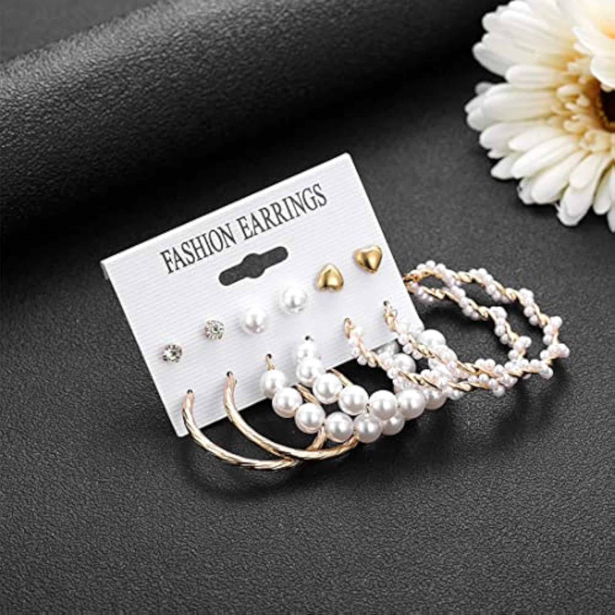12 Pair Pearl Crystal Heart Studs & Hoop Earrings Combo for Women
