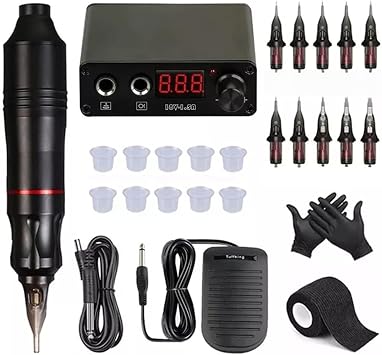Tattoo Machine Kit Tattoo Power Supply Rotary Machine Digital LCD Body with Cartridge Needle for Tattoo Artist Black