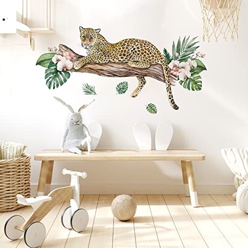 Yovkky Cheetah Leopard Wall Decals Stickers, Safari Jaguar Trunk Palm Leaves Home Bedroom Decor, Wild Jungle African Animal Tropical Flower Living Room Kitchen Decorations Art #TOP4