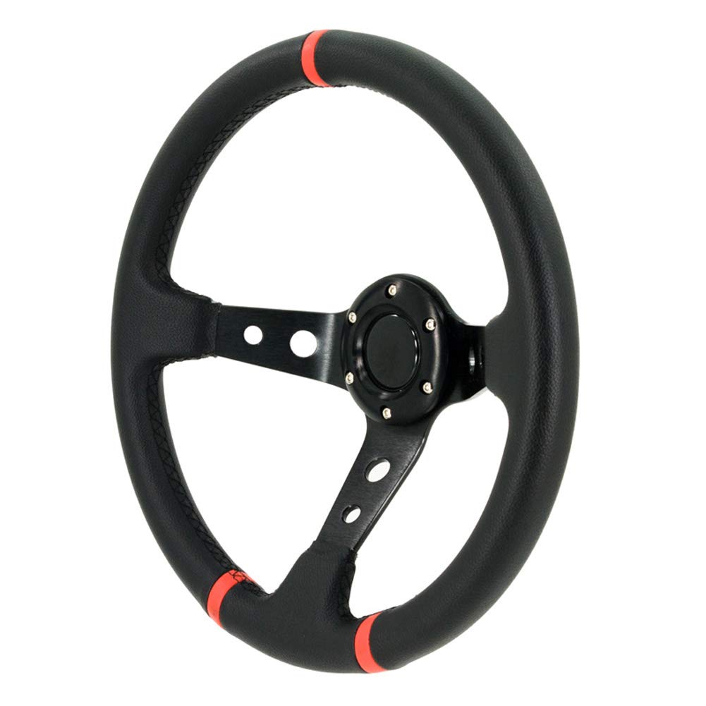 AUTO-STYLE Universal Sportlenkrad 'Deep-Dish - Ø350mm - Schwarz PU-Leder + Schwarze Speichen + Rote Streifen