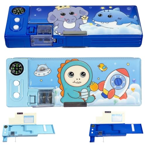 Image of ZAFCO Magnetic Plastic Pencil Box for Kids with Pop-Up Tray Built-in Compass Sharpeners Spacious Storage Pencil Case for Boys & Girls School Students -Pack of 1 (Blue Random)