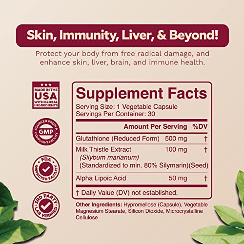 High Strength L Glutathione Supplement - Liver Support Amino Acid Nutritional Supplement With L-Glutathione Milk Thistle Extract And Alpha Lipoic Acid #TOP2