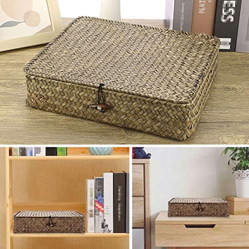 Hipiwe Seagrass Storage Basket Bins With Lid Flat Woven Wicker Basket Box Multipurpose Household Basket Bins Boxes For Shelf Wardrobe Organizer, Coffee Small #TOP1