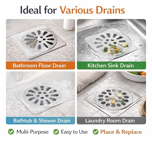 Image of Drain Hair Catcher Disposable Mesh Filter (Pack of 20) | Self Adhesive Sink & Bathroom Drain Cover | Anti Clog Kitchen Sink Strainer | Shower & Wash Basin Hair Trap Protector