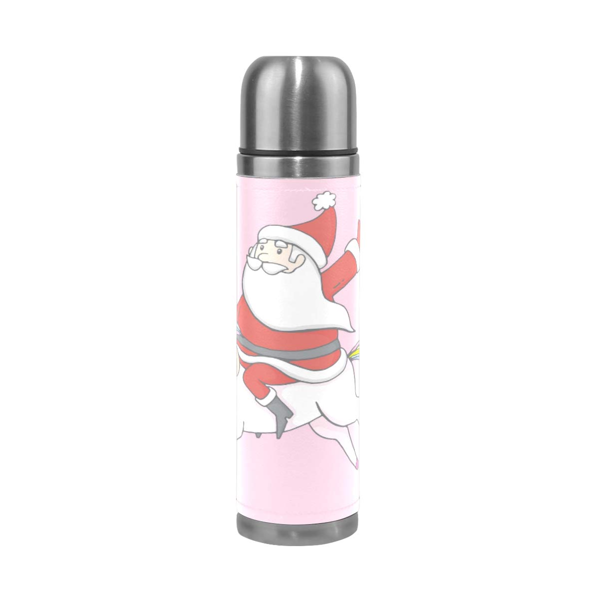 Taza de viaje de acero inoxidable con aislamiento al vacío, doble pared, a prueba de fugas, diseño de Papá Noel, unicornio, impreso personalizado, termo envuelto en piel auténtica, 500 ml