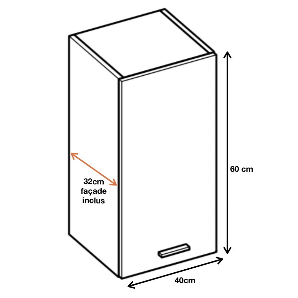 Cuisineandcie - Meuble Haut DE Cuisine ECO Gris Brillant 1 Porte L 40 cm + 1 étagère - Meuble Cuisine Rangement, Meuble Cuisine, Armoire Cuisine