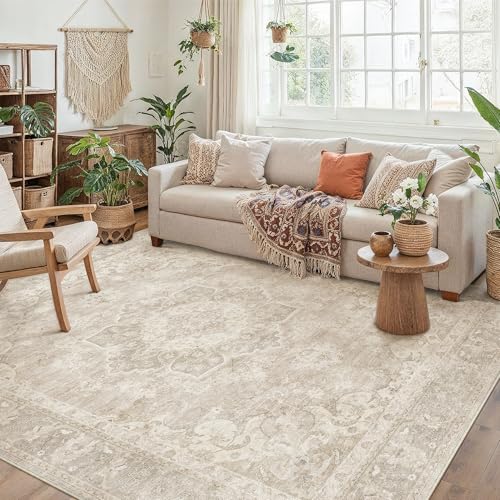 Taupe 5x7 Area Rug for Living Room Washable Vintage Carpet Non Slip Low Pile Indoor Bedroom Soft Retro Oriental Medallion Accent Throw Large Rug for K