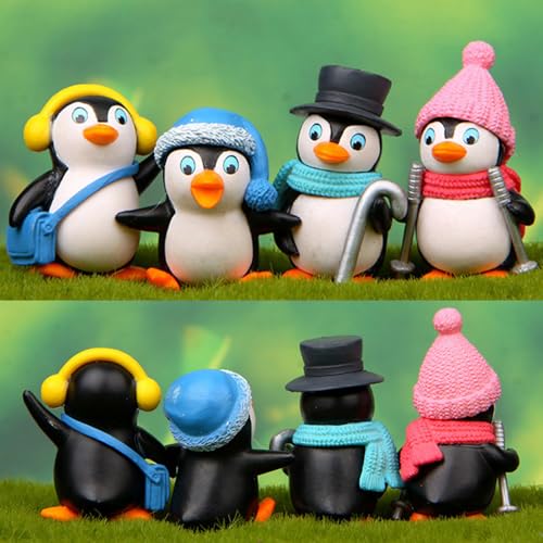 Image of 4PCS Mini Penguin Figurines Set, Cute Resin Penguin Decorations with Winter Hats, Scarf, Earmuffs & Cane, Christmas Village Accessories, Fairy Garden Miniatures, Desk Shelf Home Decor