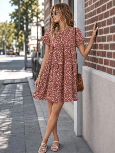 Image of Imysty Womens Boho Floral Ruffle Sleeve Babydoll Loose Flowy Casual Summer Pleated Mini Dress