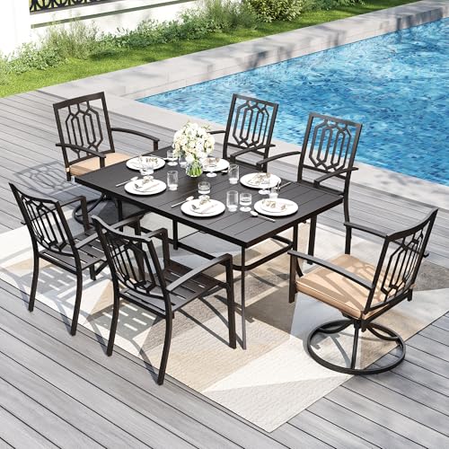 Image of PHI VILLA 7 Pieces Outdoor Dining Set for 6, 59 inch Rectangle Wrought Iron Table with Umbrella Hole & Swivel /Fixed Chairs Combo with Cushions, Modern Metal Furniture for Patio, Deck, Yard, Porch