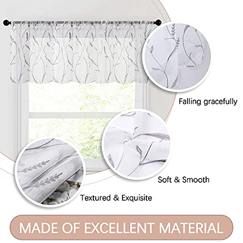 Mrtrees Embroidery Sheer Curtain Valance 54X16 Inches Long Small Modern Kitchen Valance Living Room Bathroom Voile Rod Pocket Window Treatment Decor(1 Pack, Grey Wheat Spike On White) #TOP3