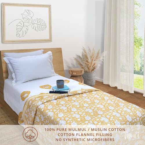 Image of TOAIArt Premium Jaipuri Dohar | AC Blanket Summer Quilt | Hand Block Printed | 3 Layers | Reversible | 150GSM 100% Mulmul Cotton | 100% Cotton Flannel Filling | Single 60 inch X 90 inch |Mustard Kalamkari