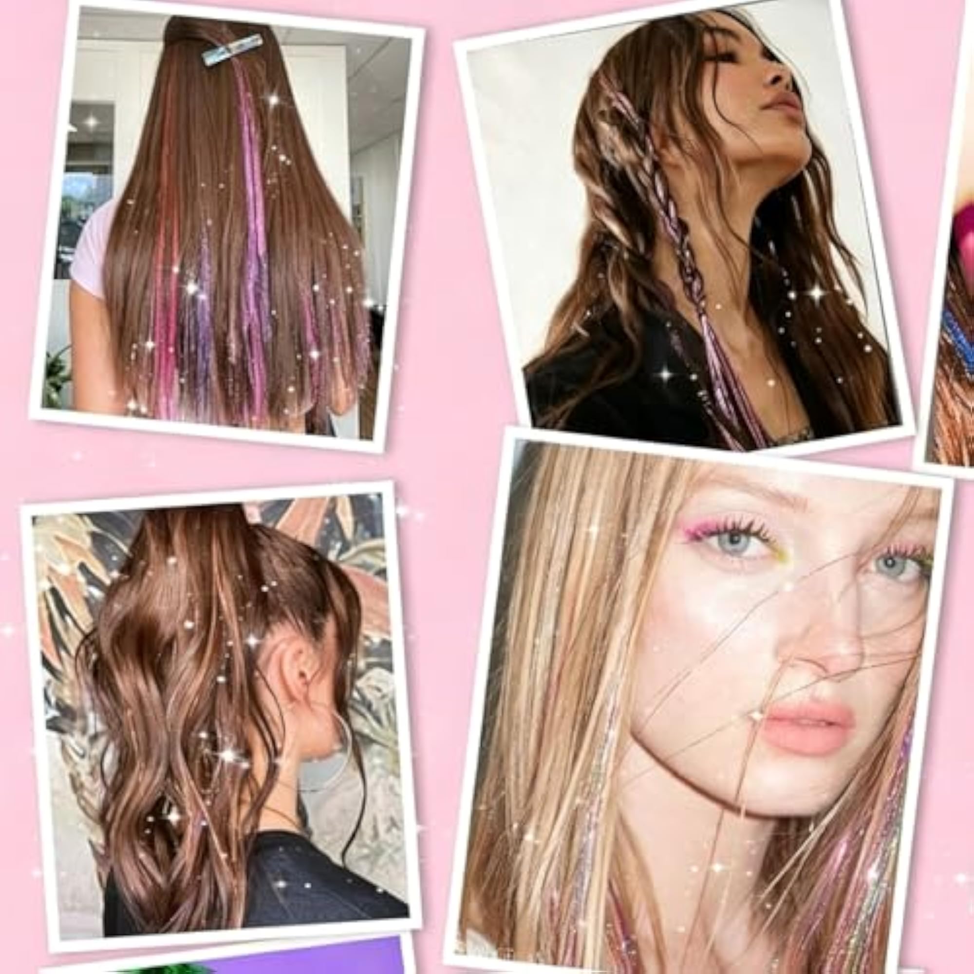 Pink Hair Tinsel Extensions for Women, 24-Piece Set