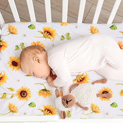 Image of JISEN Baby Crib Sheet 1 Piece Portable Fitted Crib Sheet for Standard Crib and Toddler Mattresses Nursery Bed Decor for Boys Girls 28x52 Inch Sunflowers