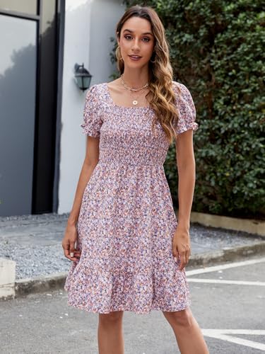 Image of Lyrur Women's Short Sleeve Summer Dresses 2026 Spring Casual Square Neck Easter Dress A-Line Tiered Sundress with Pockets