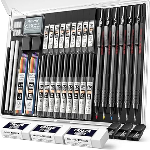Nicpro 35PCS Black Metal Mechanical Pencils Set in Case, Art Drafting Pencil 0.5, 0.7, 0.9 mm & 3PCS 2mm Graphite Lead Holder for Drawing Sketching With 20 Tube Lead Refills(6B 4B 2B HB 2H 4H Colors) Cover