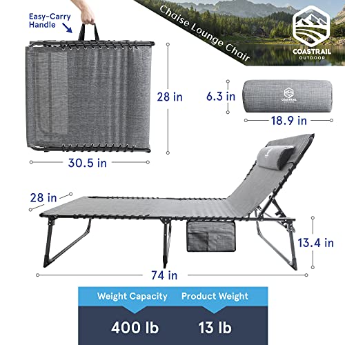 Coastrail Outdoor Opvouwbare Chaise Lounge Compact Lounge Chair 4 Position Recline, Patio Lounge met zakken en kussen voor comfort, breed ontwerp voor strand, bruinen, gazon, ondersteunt tot 400 lbs, grijs - Afbeelding 4