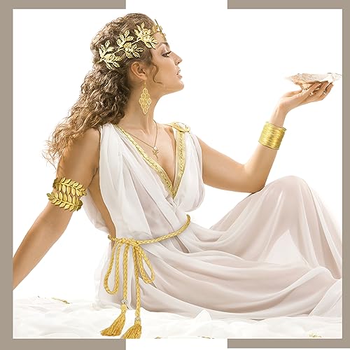 JenPen 15 Pcs Greek Goddess Costume Accessories Set Golden Laurel Leaf Crown Upper Arm Cuff Coil Bracelet Hair Headpiece Artificial Leaf Drop Earrings Necklace Toga Waist Belt for Women (Elegant)2