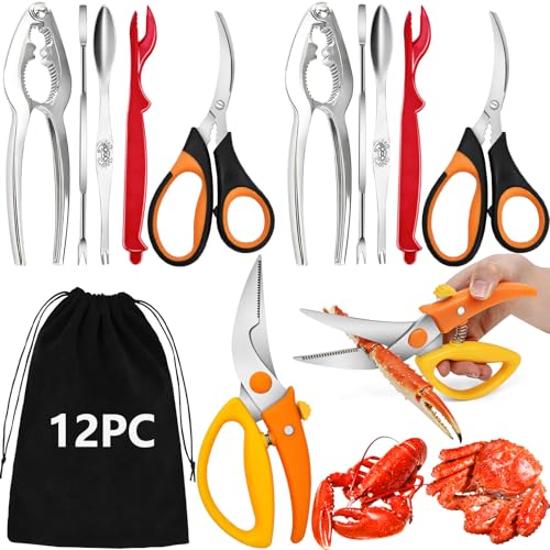 Artcome 12 Pcs Multi-Function Seafood Tool Set, Stainless Steel Crab Crackers, Lobster Shellers, Seafood Forks, Scissors with Storage Bag for Crab Leg Lobster Crawfish