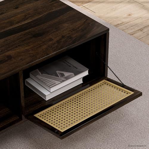 Image of Bhawo Solid Sheesham Wood Coffee Table & Center Table for Living Room with Rattan Cane Lift-Down Shutter & Open Shelf, Solid Wooden Teapoy for Sofa with Storage (Walnut Finish)