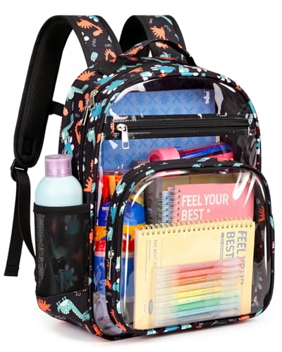 Soimeat Clear Backpack for Girls - Kids Clear Bookbag - Fabric & PVC Transparent Backpacks for Elementary School Black Dinosaur