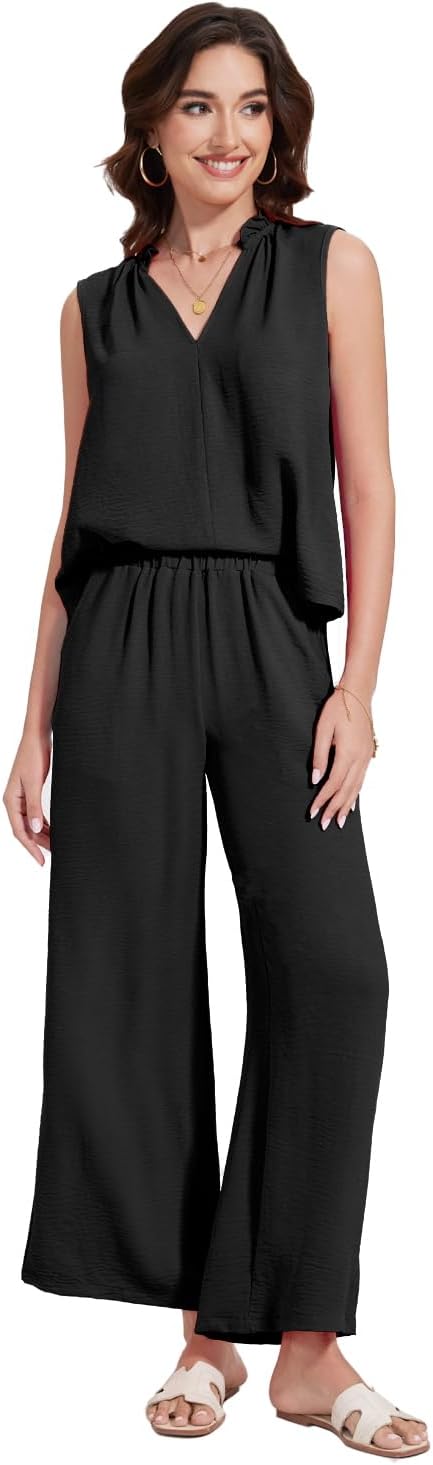 ROYLAMP 2025 Women'S Summer 2 Piece Outfits Sleeveless Ruffled V Neckline Tops High Waisted Pants Sets - Image 4