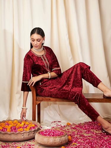 Image of Women's Velvet Floral Embroidered Straight Kurta | Round Neck Three-Quarter Sleeve Calf Length Kurti with Thread Work
