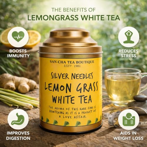 Image of Sancha Tea Boutique Lemongrass White Tea (75X3 Cups), Pure Tea Buds Blended With Real Lemongrass, World Healthiest Tea, Relaxing & De-Stress Tea, Silver Needles White Tea