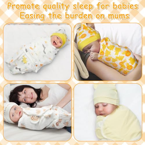 Image of Ramede 6 Pack Swaddle Blanket with Hats for Baby Girl Boy 100% Cotton Swaddles 0-3 Months, Adjustable Breathable Skin Friendly Receiving Blanket Wrap, Essential for Newborns(Rainbow,Yellow)