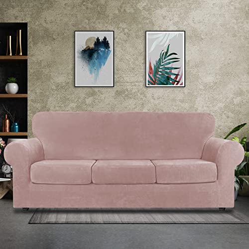Asnomy Couch Covers For 3 Cushion Couch Sofa Loveseat Cover Velvet Stretch Slipcovers For Dogs Cats ,3 Seat Cushion Furniture Protector Machine Washable（Large，Pink） #TOP1