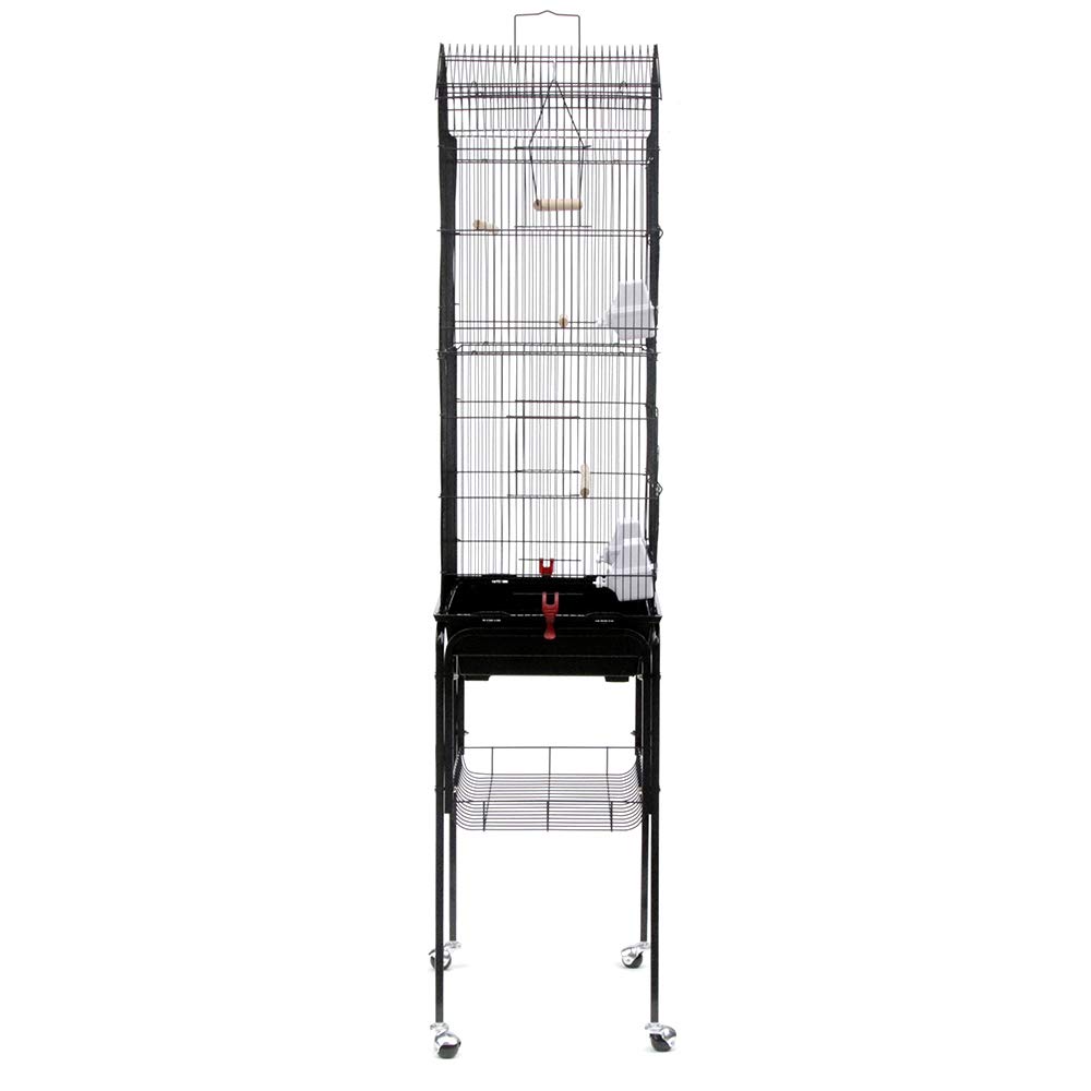 Jaula para pájaros, 4 ruedas giratorias, jaula grande de metal para pájaros, soporte desmontable, claraboya abierta, 46 x 35,5 x 158,5 cm, color negro