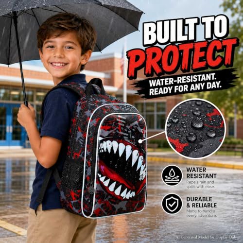 Image of 3Pcs Boys Backpack, 17 inch Shark Bookbag for Elementary Preschool Kindergarten, Kids School Backpacks with Lunch Box (Red)