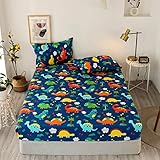 Dinosaur Fitted Sheet Queen Size Kids Bedding Set Cartoon Dinosaur Fitted Sheet for Boys Children Colorful Bedroom Decor Ancient Jungle Animals Bed Cover Tropical Hawaiian Palm Leaf Bed Set Blue