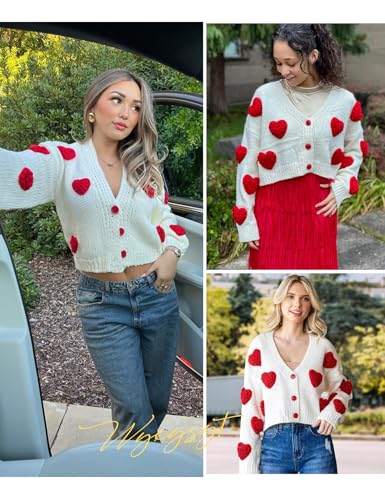 Women Valentines Day Cropped Cardigan Sweaters Love Heart Printed Open Front Button Down Knit Sweaters Tops4