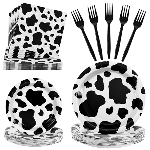 100 Pcs Disposable Black Cow Print Tableware Set for 25 Guests