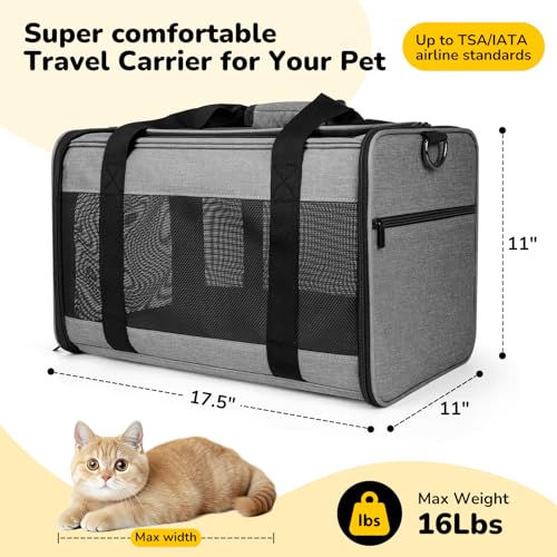 Hipubby Cat Carrier Dog Carrier for Pets Up to 16 Lbs, Soft-Sided Pet Travel Carrier for Cats and Small Dogs, Airline Approved Pet Carrying Case with Shoulder Strap & Removable Mat - Grey - Image 5