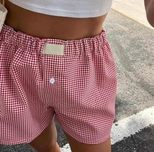 Image of Womens Y2k Plaid Shorts Women Cute Lounge Pajama Sleep Comfy & Casual Gingham PJ Boxer Shorts