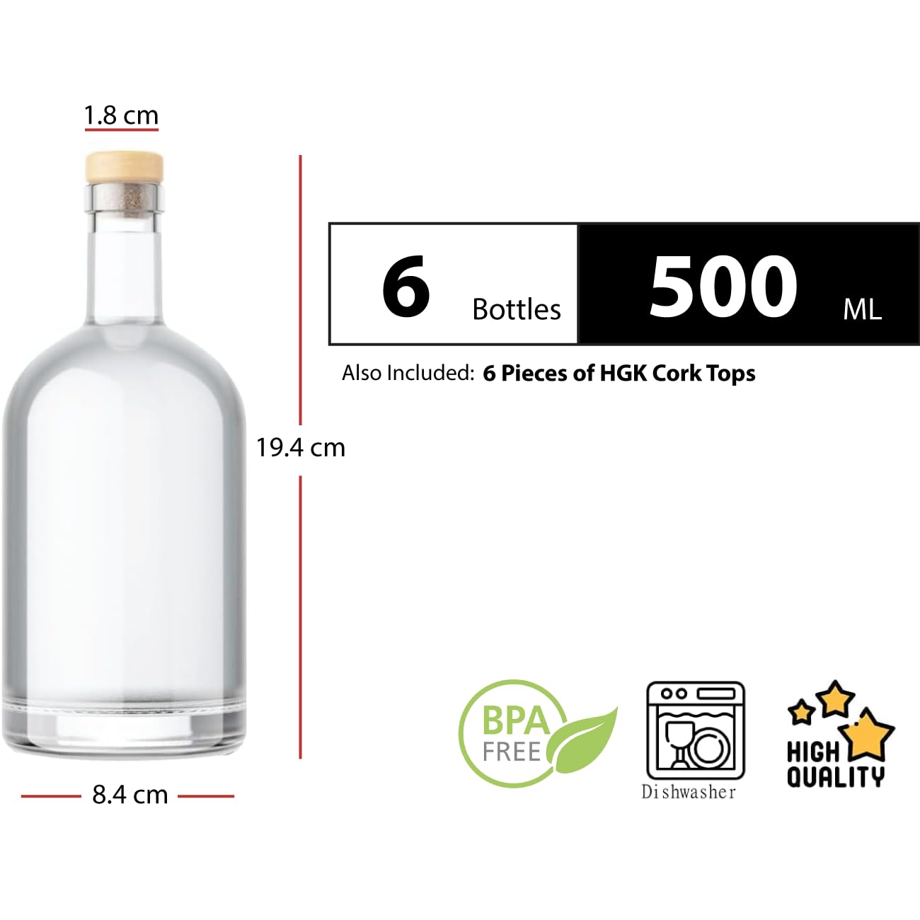 Tapón de Corcho Transparente Botellas de Vidrio vacías 500 ml - Tapas de Corcho Recargables Reutilizables - Apretado al Aire para endrinas Gin Aceite Vinagre Cerveza Vino Sidra(6 x 500 ml)