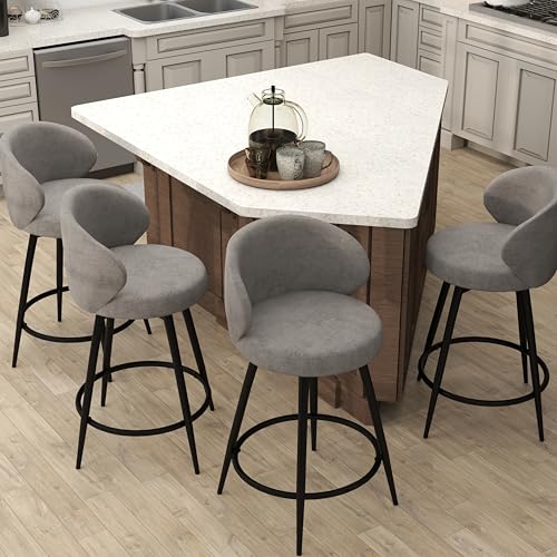 Image of 360 Swivel Modern Bar Stool Set of 4, 26 inch Upholstered Counter Height Bar Stools with Wingback, Soft Linen Fabric, Counter Chairs with Arm for Kitchen Island or Home Bar, Grey