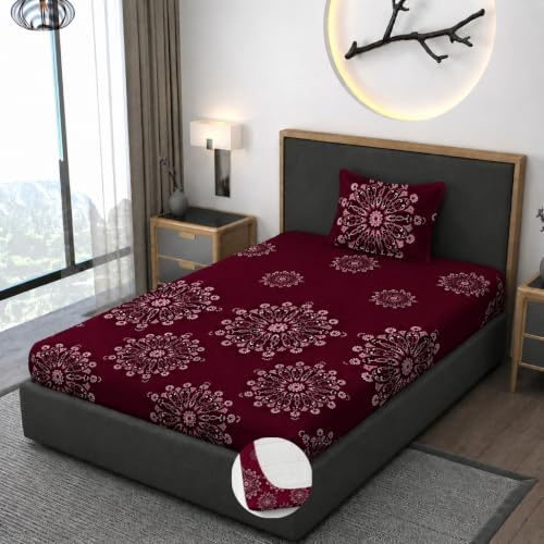 Image of Vaini Premium Heavy Cotton Elastic Fitted Bedsheets with 1 King Size Pillow Covers || Single Bed with All Around Elastic 350 TC || 36 x 78 x 6 Inch Single Size Fitted || :- Maroon Big Flower