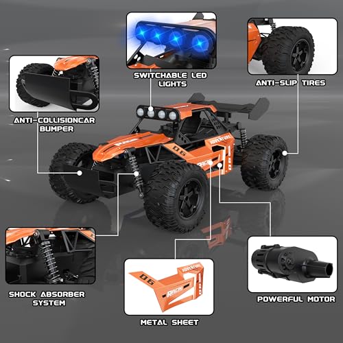 1:12 Scale RC Car for Boys Ages 3+, Fast Remote Control Monster Truck 2WD 25km/h Off-Road Toy, Alloy Shell, LED Lights, Great Gift for Kids & Beginners, 30 Minutes Play Time